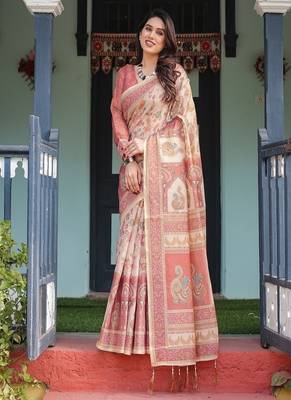Cream with coral borders linen cotton handloom printed saree, peacock motifs, floral design, and tassels 2