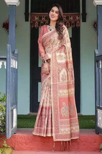 Cream with coral borders linen cotton handloom printed saree, peacock motifs, floral design, and tassels