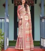 Cream with coral borders linen cotton handloom printed saree, peacock motifs, floral design, and tassels