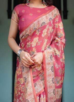Rosy pink with intricate floral motifs linen cotton handloom printed saree, peacock pallu, and tassels 4
