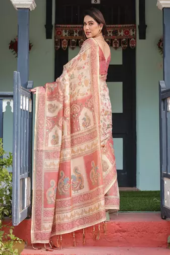 Cream with coral borders linen cotton handloom printed saree, peacock motifs, floral design, and tassels