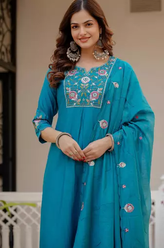 Firozi embroidered viscose mango silk kurta set with dupatta