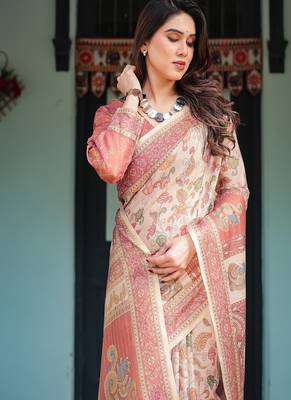 Cream with coral borders linen cotton handloom printed saree, peacock motifs, floral design, and tassels 1