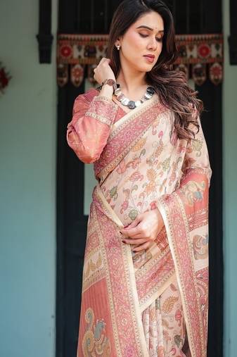 Cream with coral borders linen cotton handloom printed saree, peacock motifs, floral design, and tassels
