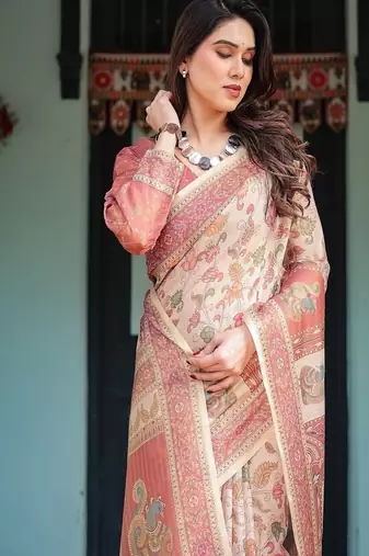 Cream with coral borders linen cotton handloom printed saree, peacock motifs, floral design, and tassels