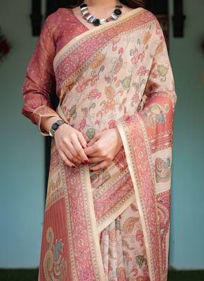 Cream with coral borders linen cotton handloom printed saree, peacock motifs, floral design, and tassels 4