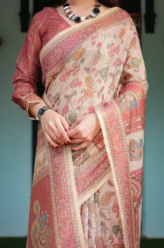 Cream with coral borders linen cotton handloom printed saree, peacock motifs, floral design, and tassels