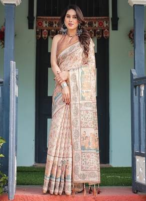 Ivory with floral prints linen cotton handloom printed saree, festive procession pallu, and tassels 2