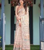 Ivory with floral prints linen cotton handloom printed saree, festive procession pallu, and tassels