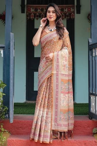 Brown handloom cotton-linen saree with floral motifs and rich zari border