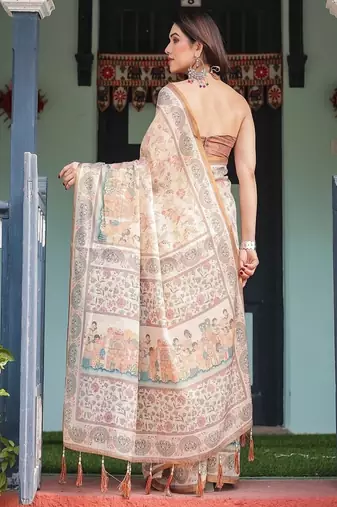 Ivory with floral prints linen cotton handloom printed saree, festive procession pallu, and tassels
