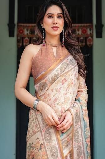 Ivory with floral prints linen cotton handloom printed saree, festive procession pallu, and tassels