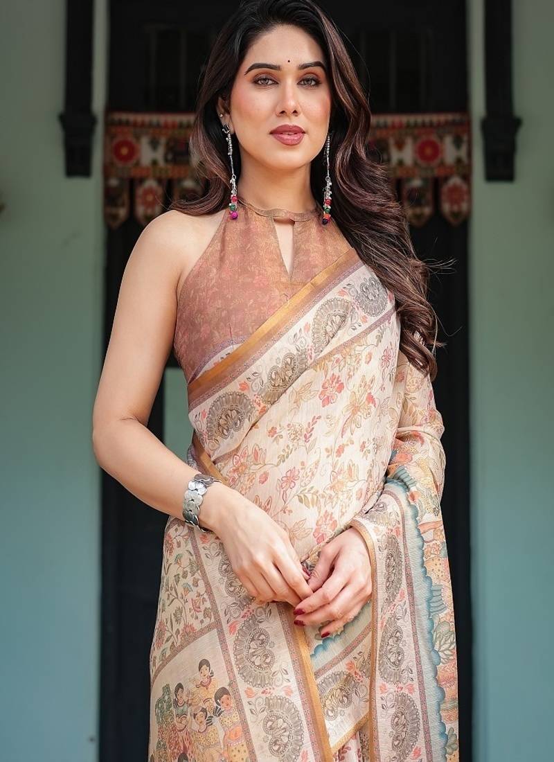 Ivory with floral prints linen cotton handloom printed saree, festive procession pallu, and tassels