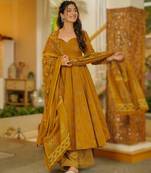 Mustard maslin heavy digital printed kurta set with dupatta | designer festival & party wear fully stitched suit