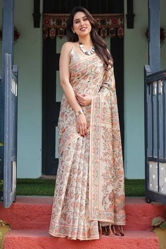 Elegant beige handloom cotton-linen saree with golden zari weave, floral printed pallu & tassel detailing