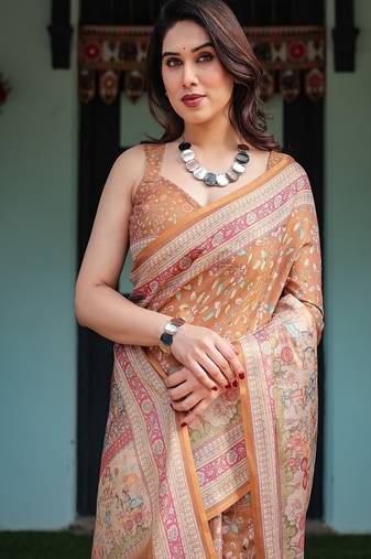 Brown handloom cotton-linen saree with floral motifs and rich zari border