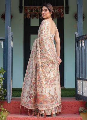 Elegant beige handloom cotton-linen saree with golden zari weave, floral printed pallu & tassel detailing 3