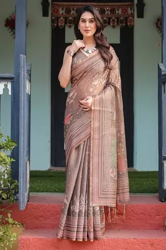 Earthy brown handloom cotton-linen saree with bird motifs and striped detailing
