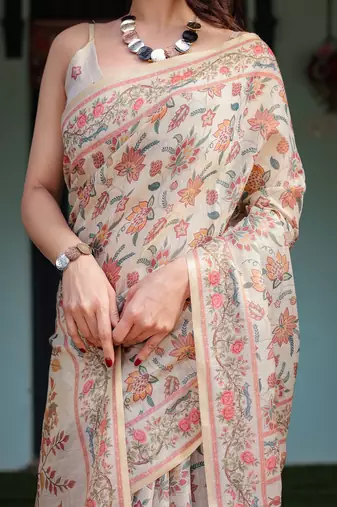 Elegant beige handloom cotton-linen saree with golden zari weave, floral printed pallu & tassel detailing