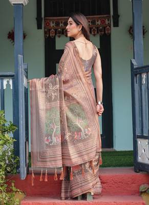 Earthy brown handloom cotton-linen saree with bird motifs and striped detailing 3