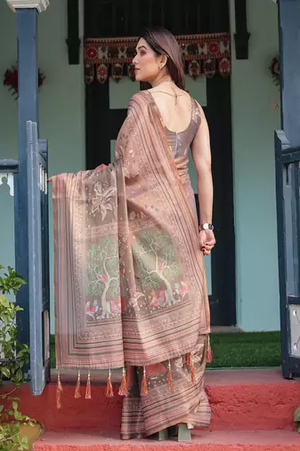 Earthy brown handloom cotton-linen saree with bird motifs and striped detailing
