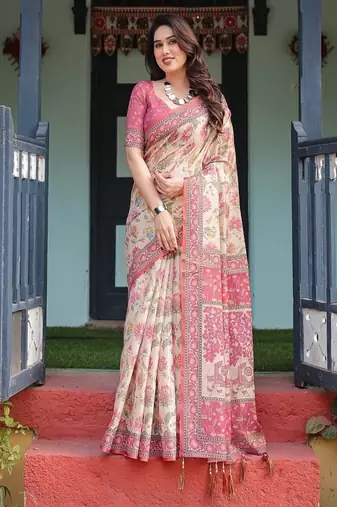 Cream  handloom cotton-linen saree with vibrant floral and elephant motifs