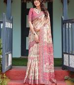 Cream  handloom cotton-linen saree with vibrant floral and elephant motifs