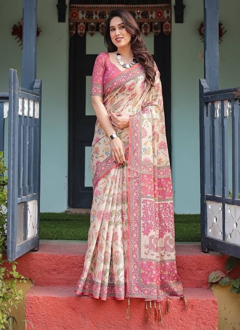 Cream  handloom cotton-linen saree with vibrant floral and elephant motifs