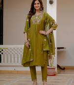 Mehendi embroidered viscose mango silk kurta set with dupatta