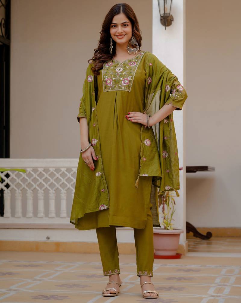 Mehendi embroidered viscose mango silk kurta set with dupatta