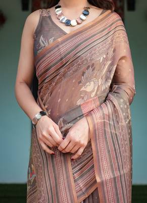 Earthy brown handloom cotton-linen saree with bird motifs and striped detailing 4