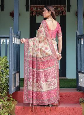 Cream  handloom cotton-linen saree with vibrant floral and elephant motifs 3