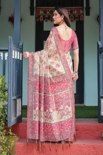 Cream  handloom cotton-linen saree with vibrant floral and elephant motifs