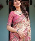 Cream  handloom cotton-linen saree with vibrant floral and elephant motifs