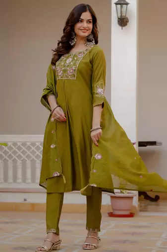 Mehendi embroidered viscose mango silk kurta set with dupatta