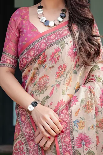 Cream  handloom cotton-linen saree with vibrant floral and elephant motifs