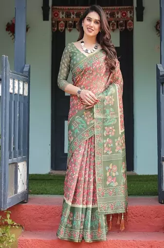 Bottel green handloom cotton-linen saree with elephant motifs and floral detailing