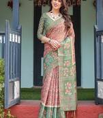 Bottel green handloom cotton-linen saree with elephant motifs and floral detailing