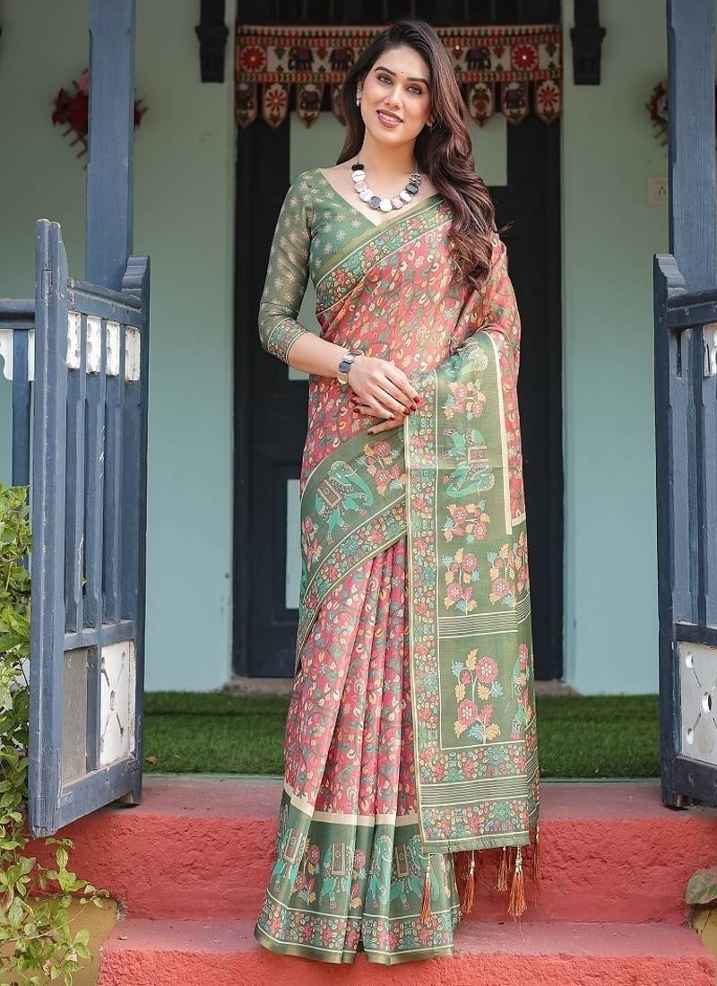 Bottel green handloom cotton-linen saree with elephant motifs and floral detailing