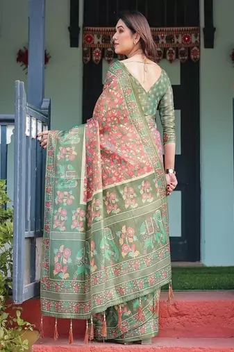 Bottel green handloom cotton-linen saree with elephant motifs and floral detailing