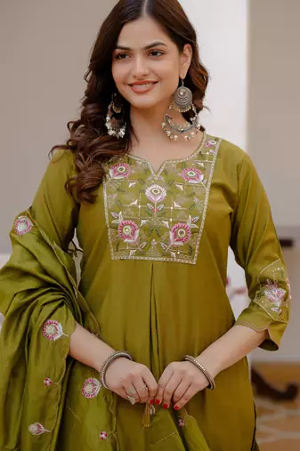 Mehendi embroidered viscose mango silk kurta set with dupatta