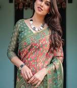 Bottel green handloom cotton-linen saree with elephant motifs and floral detailing