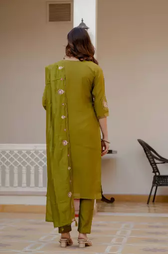 Mehendi embroidered viscose mango silk kurta set with dupatta
