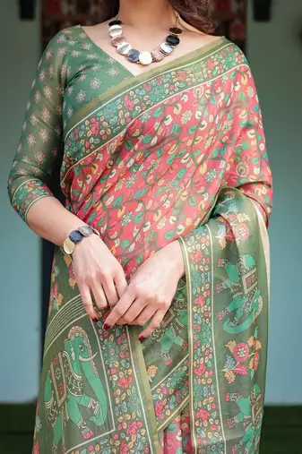 Bottel green handloom cotton-linen saree with elephant motifs and floral detailing