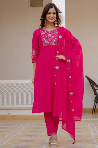 Pink embroidered viscose mango silk kurta set with dupatta