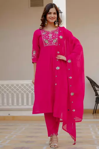 Pink embroidered viscose mango silk kurta set with dupatta
