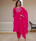 Pink embroidered viscose mango silk kurta set with dupatta