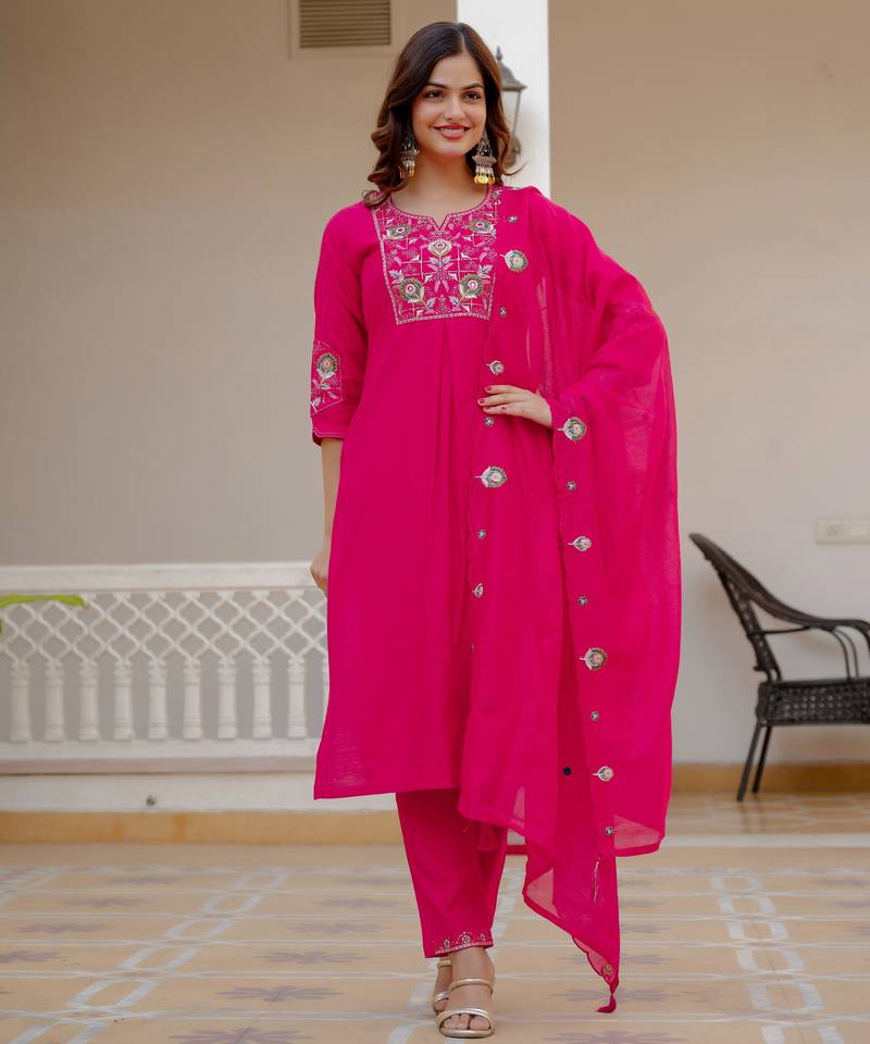 Pink embroidered viscose mango silk kurta set with dupatta