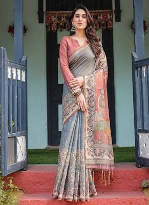 Smoky grey handloom cotton-linen saree with vibrant folk motifs and floral pallu 2