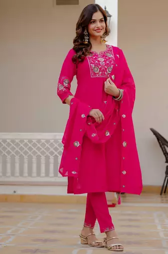 Pink embroidered viscose mango silk kurta set with dupatta